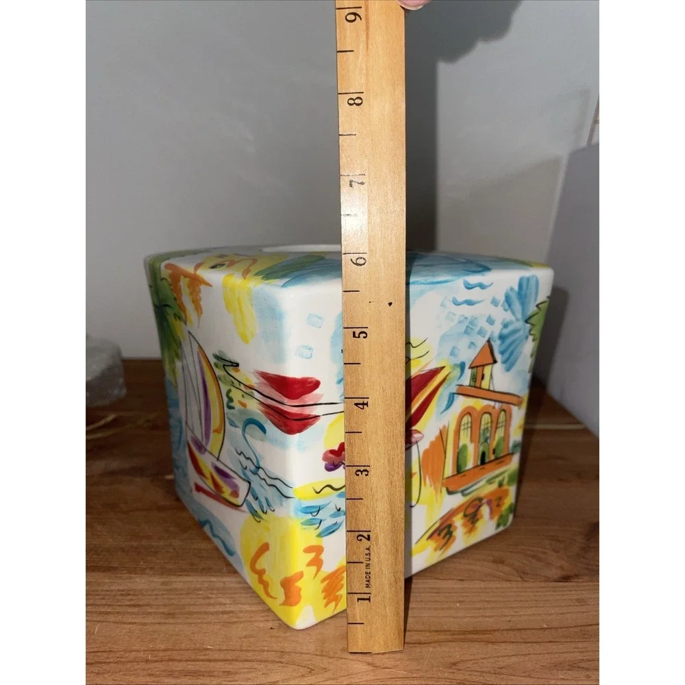 VTG Italian Riviera Ocean Sailing Palm Trees Colorful Ceramic Tissue Holder